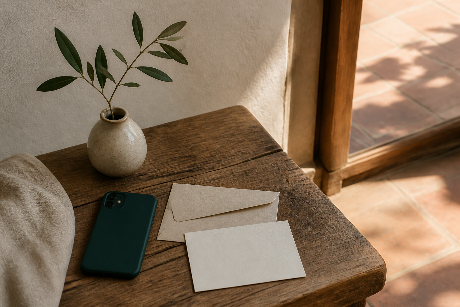 Teléfono, sobre y tarjeta en una mesa junto a una entrada luminosa