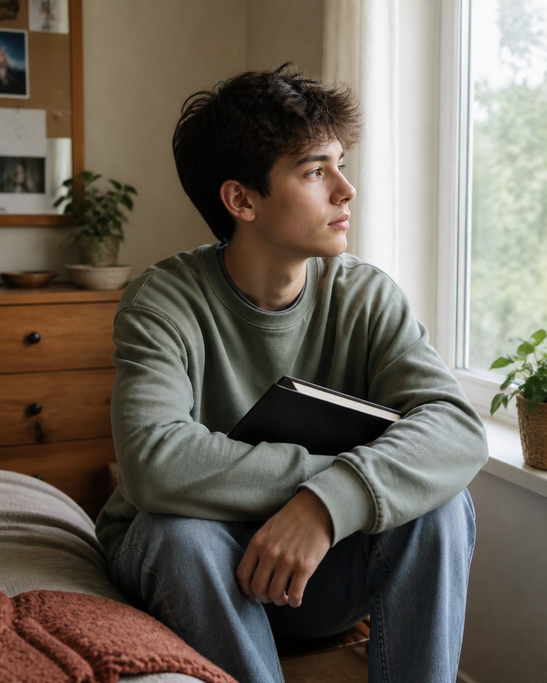 Adolescente sentado junto a una ventana con un cuaderno cerrado
