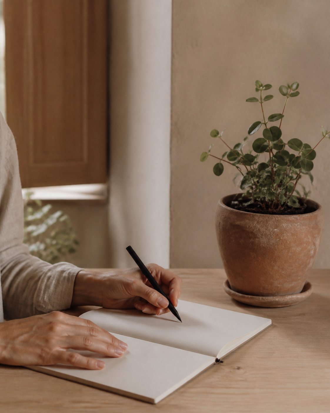 Manos escribiendo en un cuaderno junto a una planta en una estancia cálida