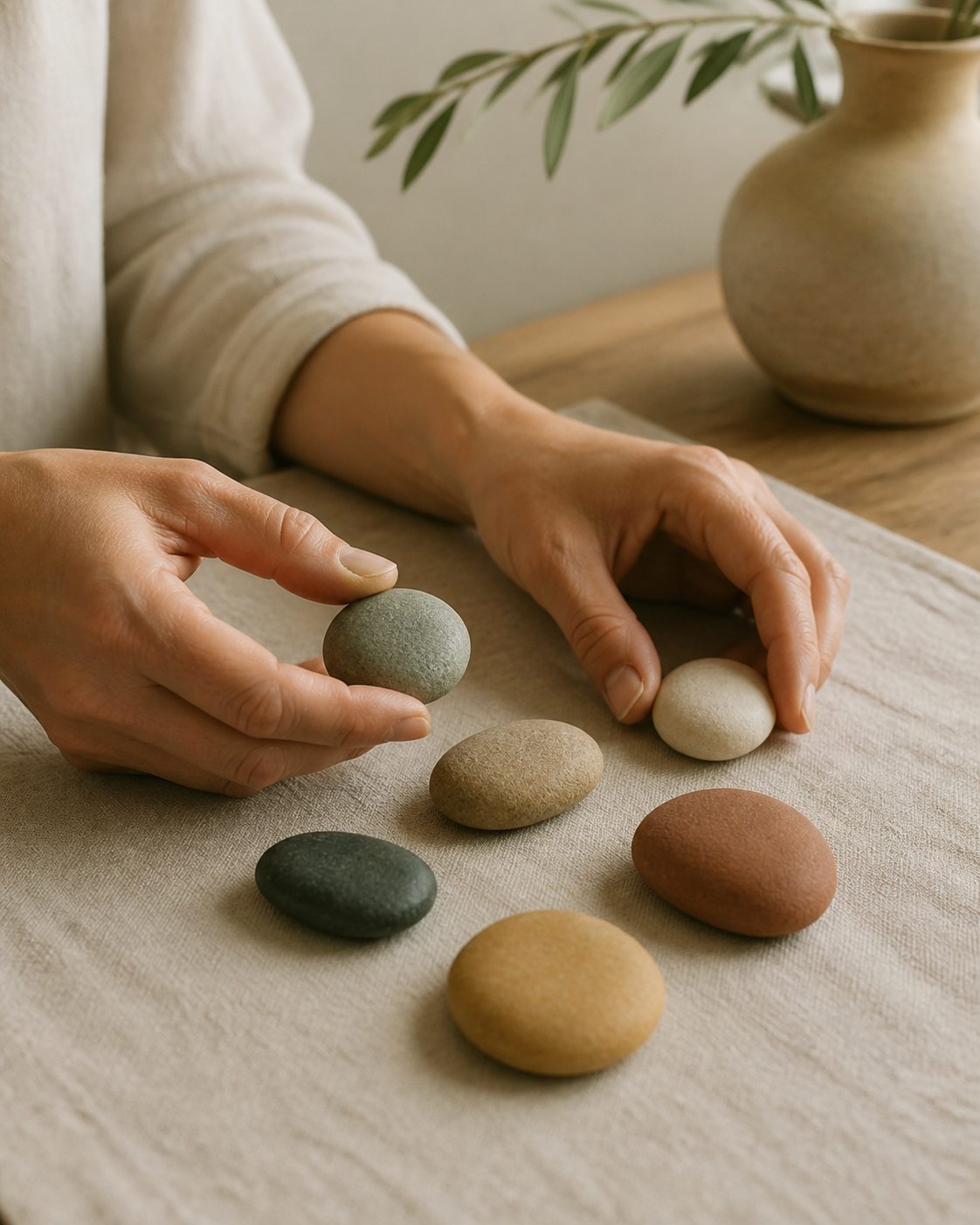 Manos ordenando piedras de tonos naturales sobre una mesa de lino